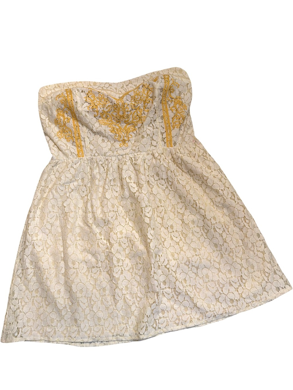 Flying Tomato Cream Lace Strapless Dress Yellow Embroidered Bodice -